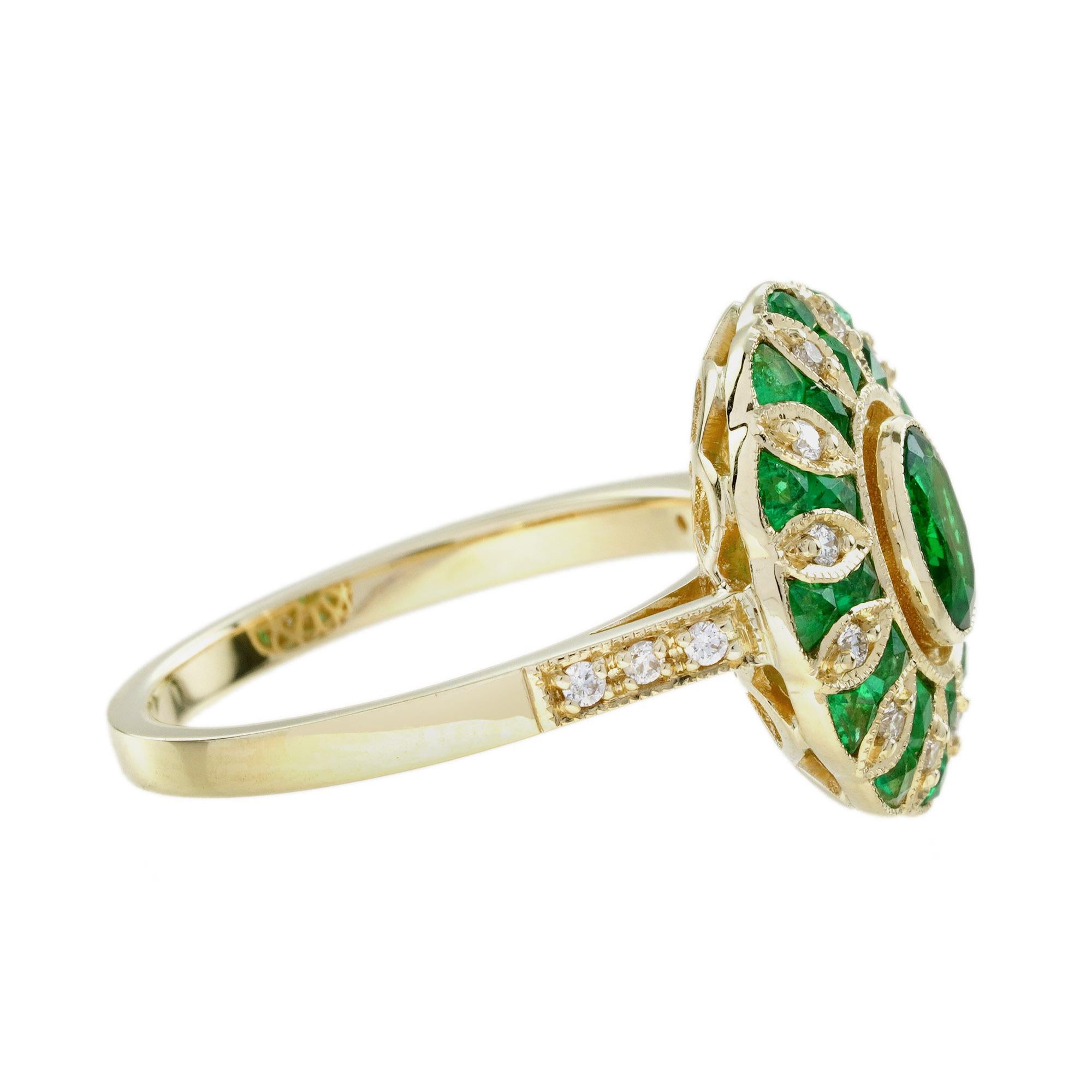 Bague de fiançailles en or jaune 18 carats, émeraude ovale, diamant, style Art déco, style floral en vente 2
