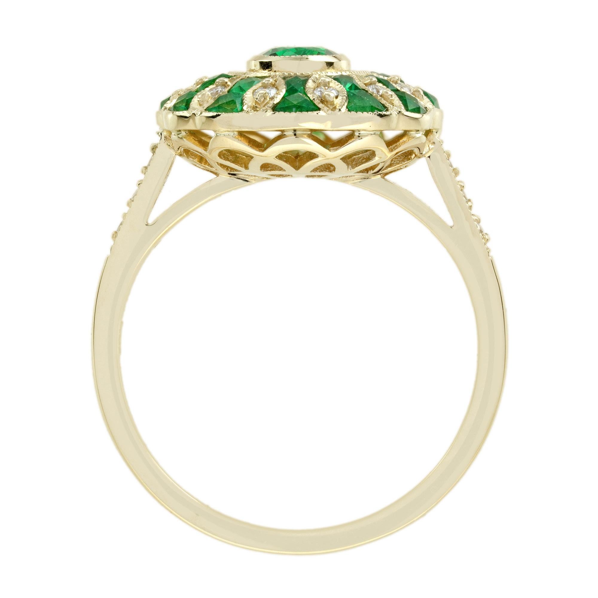 Bague de fiançailles en or jaune 18 carats, émeraude ovale, diamant, style Art déco, style floral en vente 4