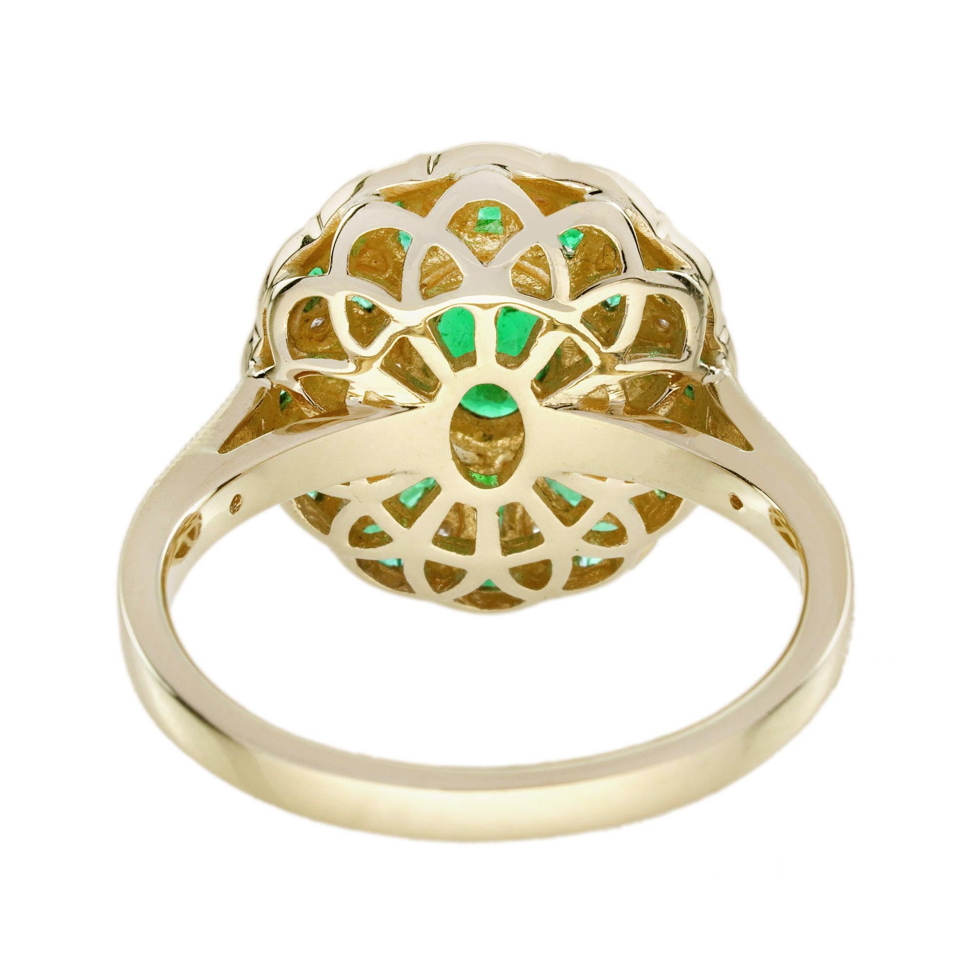 Bague de fiançailles en or jaune 18 carats, émeraude ovale, diamant, style Art déco, style floral en vente 3