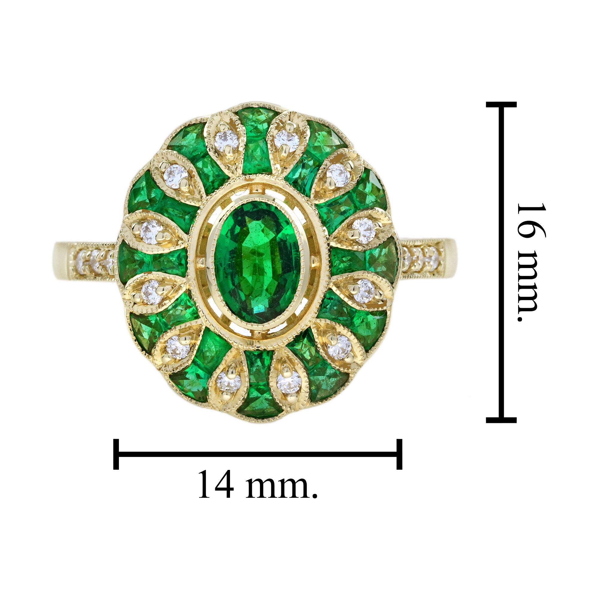 Bague de fiançailles en or jaune 18 carats, émeraude ovale, diamant, style Art déco, style floral en vente 5