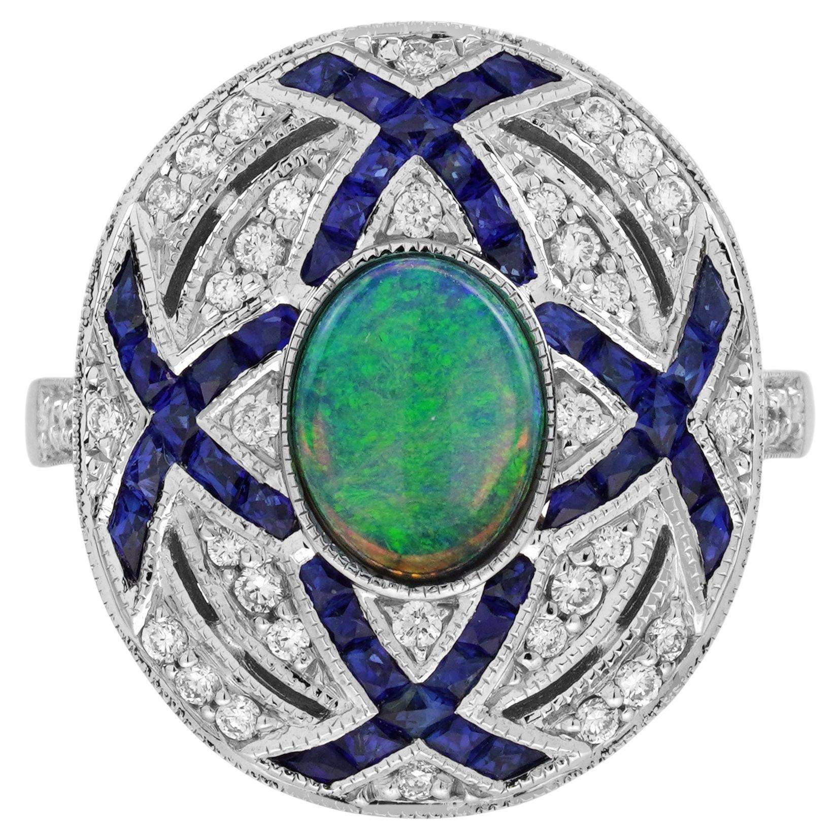 Anello da cocktail in stile Art Deco con zaffiro opale nero e diamanti in oro bianco 18 carati