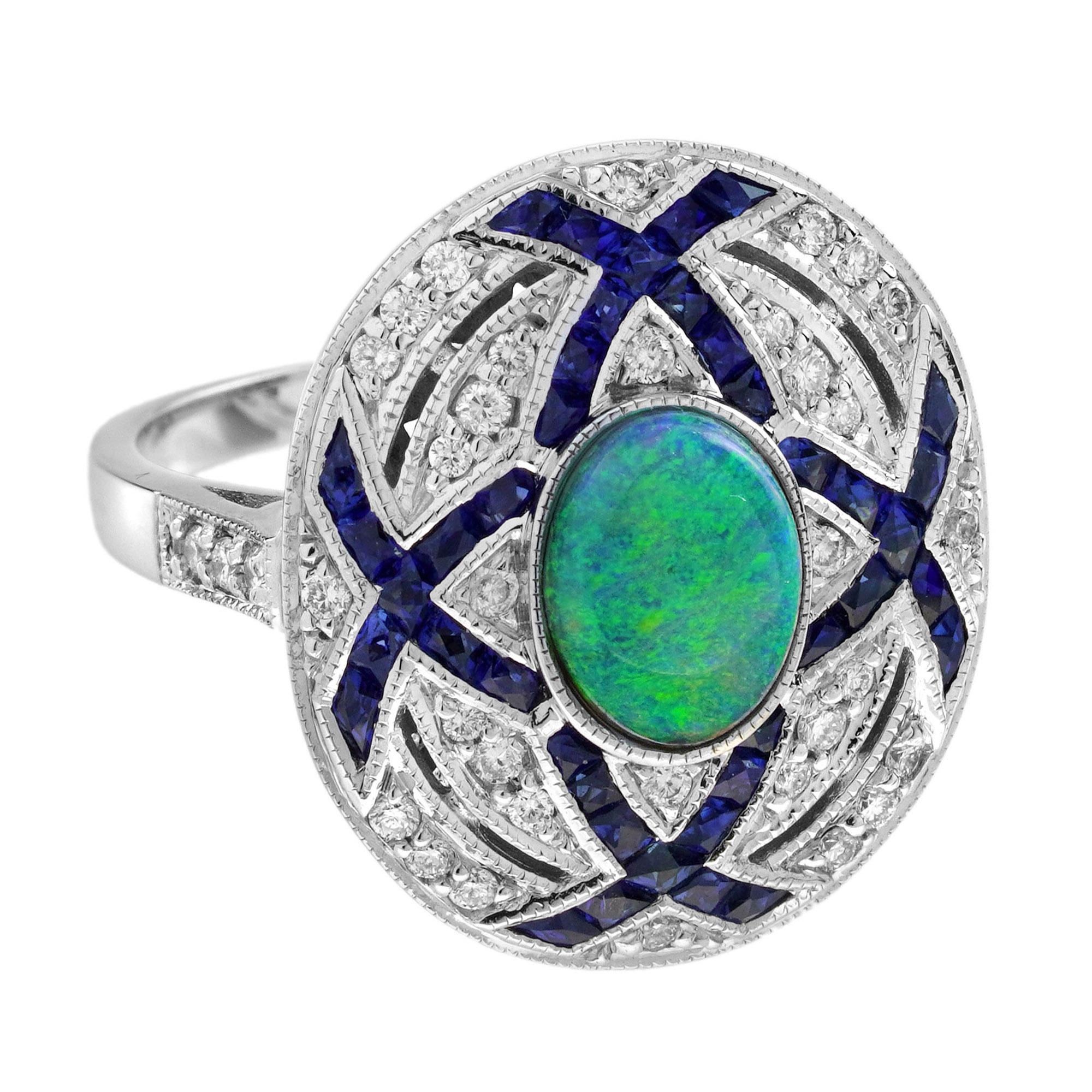 Anello da cocktail in stile Art Deco con zaffiro opale nero e diamanti in oro bianco 18 carati in vendita 1