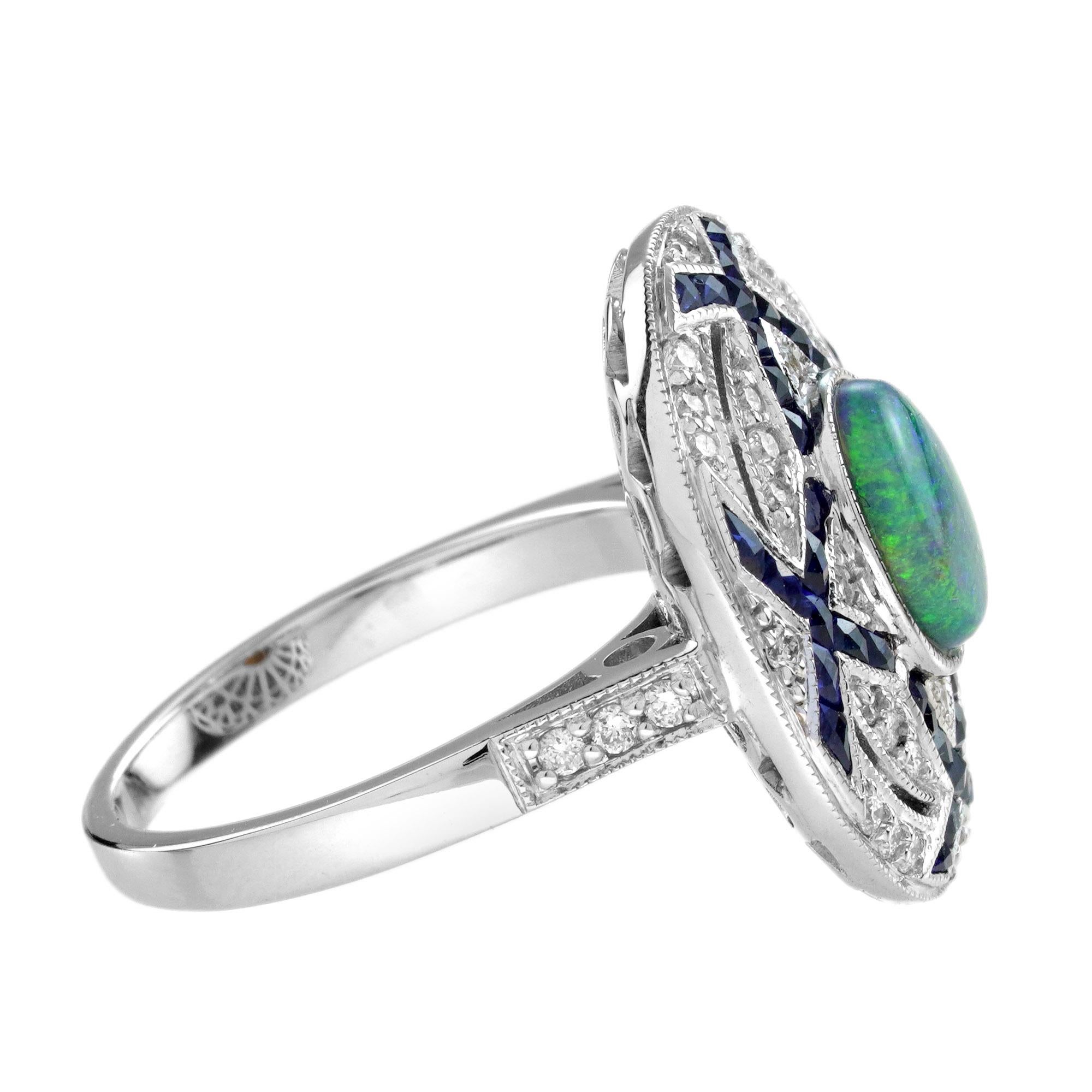 Anello da cocktail in stile Art Deco con zaffiro opale nero e diamanti in oro bianco 18 carati in vendita 2