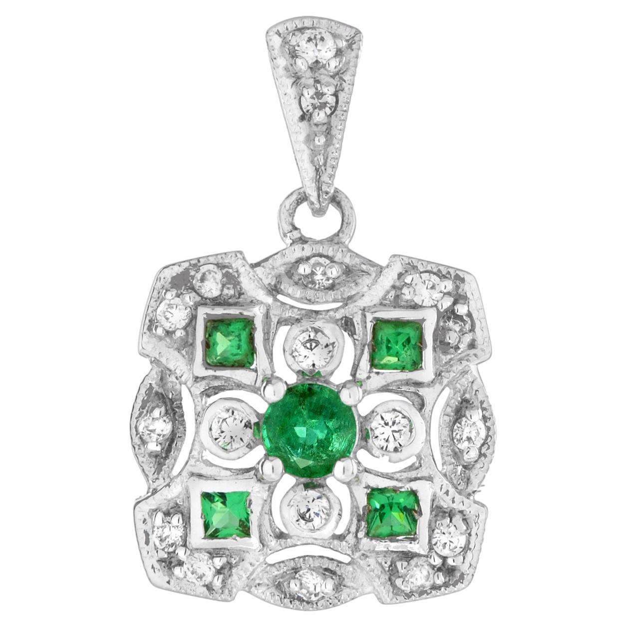 Emerald and Diamond Cluster Art Deco Style Pendant in 14K White Gold For Sale