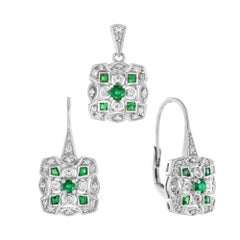Emerald Diamond Art Deco Style Pendant and Earrings Jewelry Set in 14K White Gol