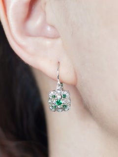 Emerald Diamond Geometric Pendant and Drop Earrings Set in 14K White Gold
