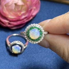 Opal Emerald and Diamond Art Deco Style Target Engagement Ring in 18K White Gold