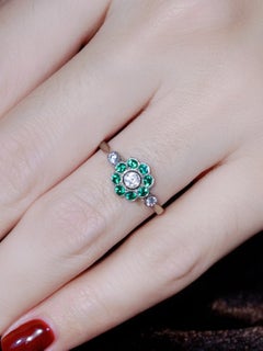 Emerald Diamond Floral Cluster Ring in 18K White Gold