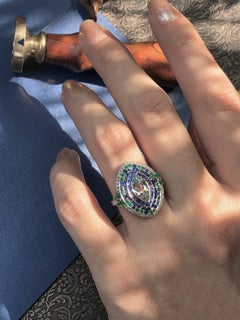 Marquise Aquamarine Sapphire Emerald Diamond Art Deco Cocktail Ring 18K Gold