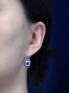Sapphire Diamond Art Deco Style Lever Back Earrings in 18K White Gold