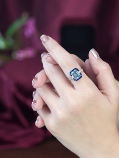 Blue Topaz Sapphire Diamond Art Deco Style Engagement Ring in 14K White Gold