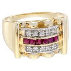Ruby Diamond Art Retro Style Unisex Ring in 14K Yellow Gold