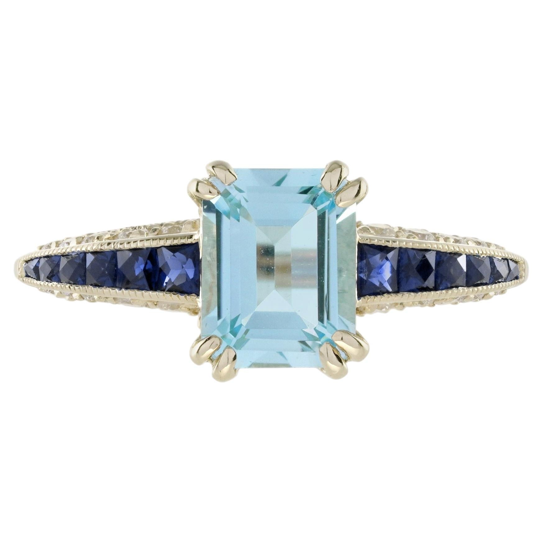 Blue Topaz, Sapphire and Diamond Art Deco Style Engagement Ring in 14K Yellow Go