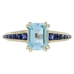 Blue Topaz, Sapphire and Diamond Art Deco Style Engagement Ring in 14K Yellow Go