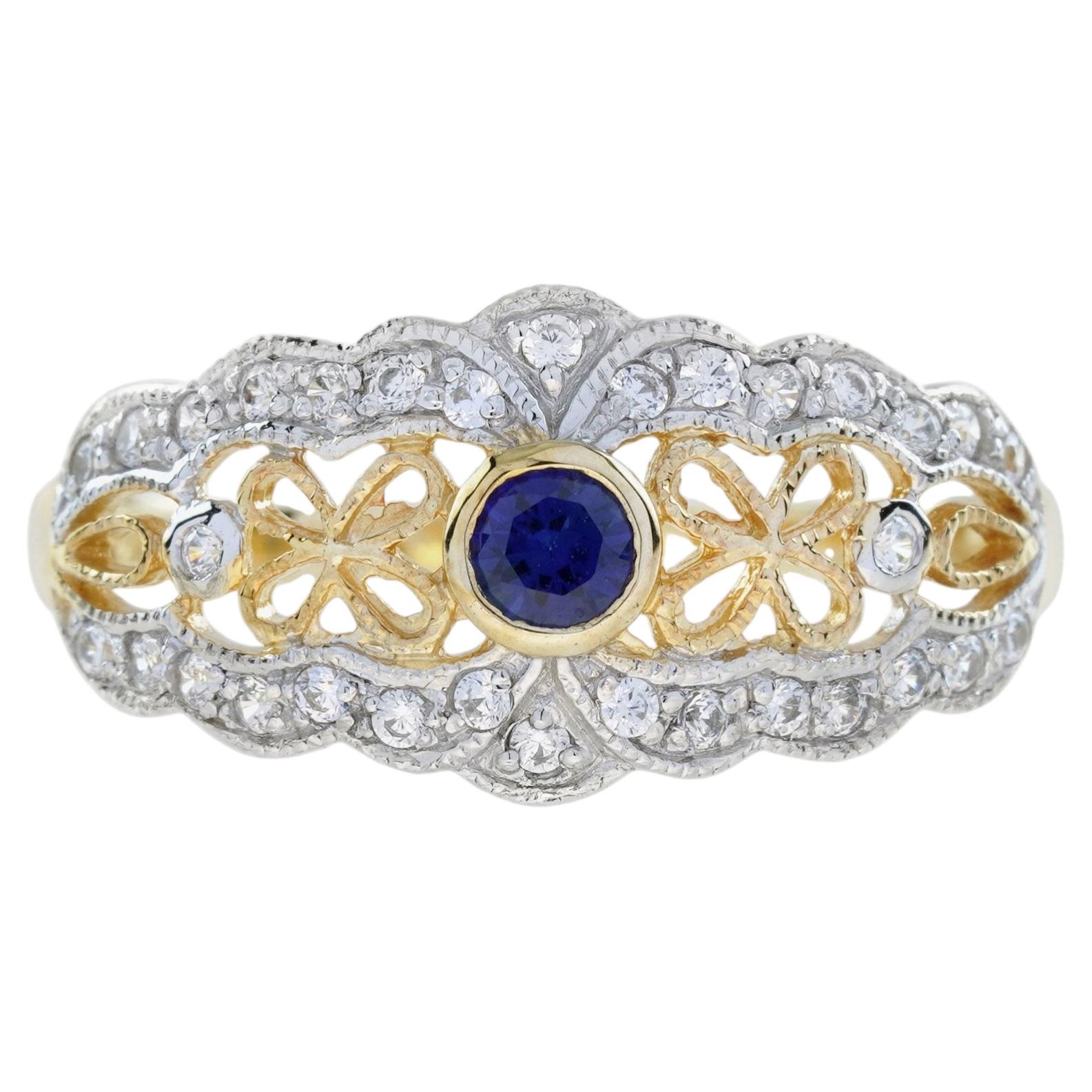 Blue Sapphire Diamond Filigree Art Deco Style Ring in 14K Yellow Gold