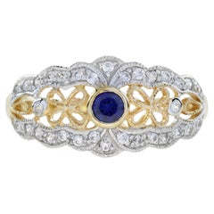 Anillo de estilo Art Déco con zafiro azul y diamantes, en filigrana y oro amarillo de 14K