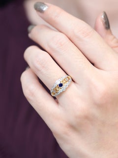 Blue Sapphire Diamond Filigree Art Deco Style Ring in 14K Yellow Gold