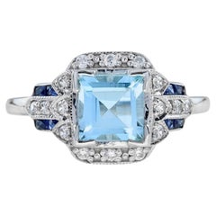 Blue Topaz Diamond French Cut Sapphire Art Deco Style Ring in 14K White Gold