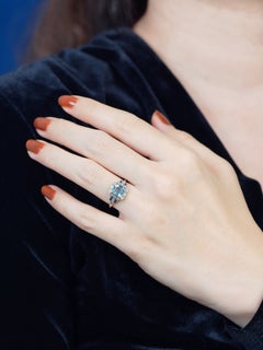 Blue Topaz Diamond French Cut Sapphire Art Deco Style Ring in 14K White Gold