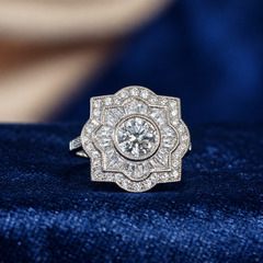 Diamond Art Deco Style Halo Engagement Ring with Milgrain Detail in 18K Gold