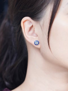 Aquamarine Blue Sapphire Art Deco Style Stud Earrings in 14K White Gold
