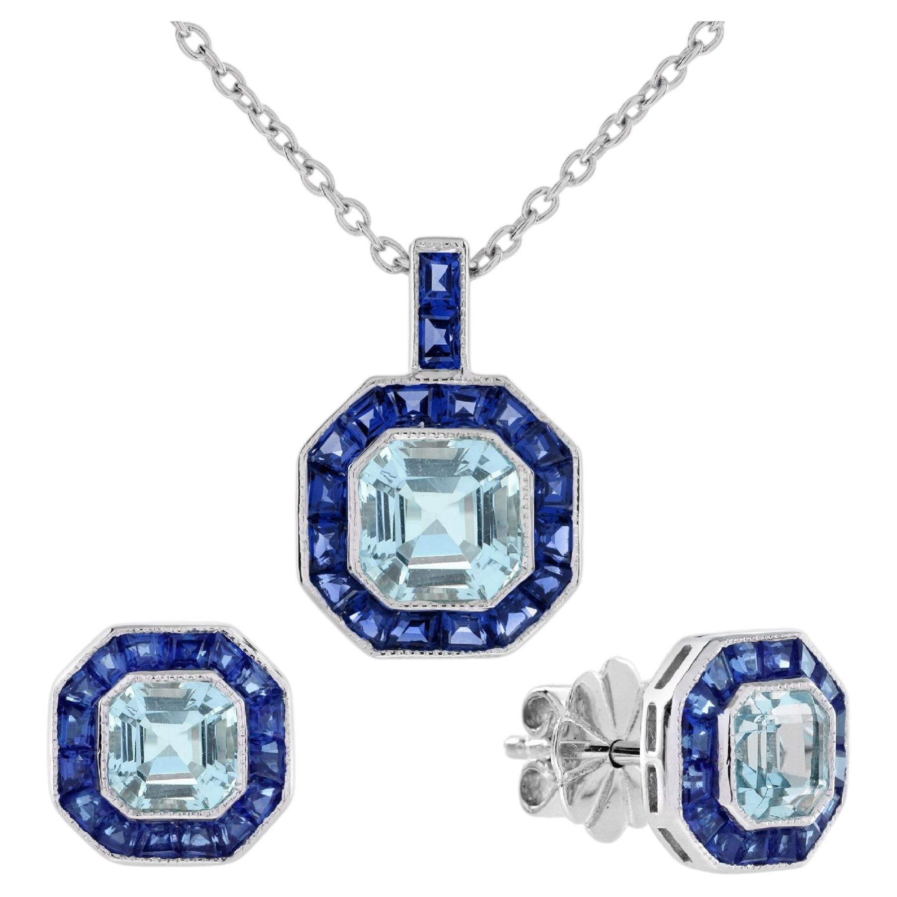 Set di gioielli Art Déco con zaffiro blu acquamarina taglio Asscher, in oro bianco 14K
