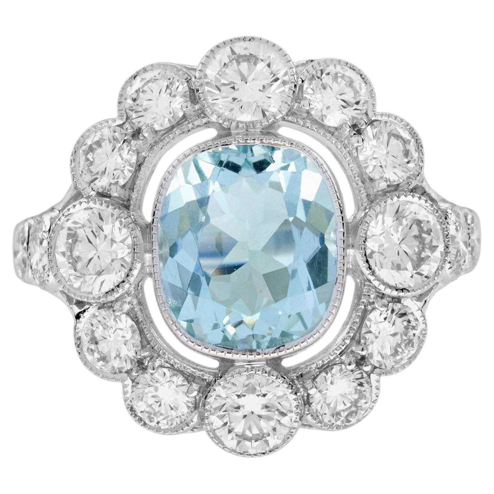 Anillo de compromiso con diamantes en halo y aguamarina, en oro blanco de 18 quilates