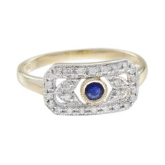 Sapphire Diamond Halo Art Deco Style Ring in 9K Yellow Gold