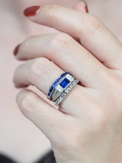 Stackable Emerald Cut Sapphire Diamond Ring Set in 14K White Gold