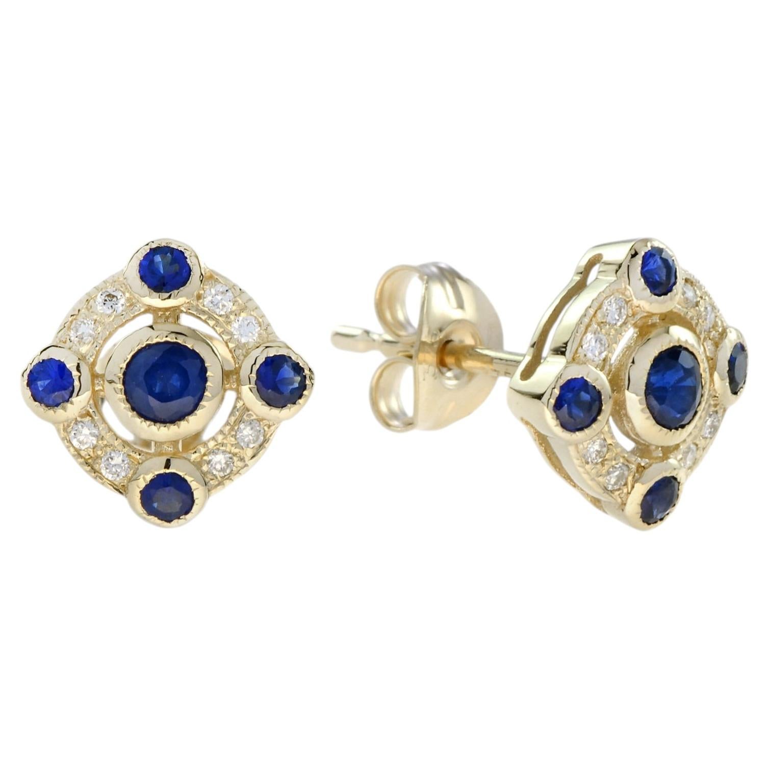Sapphire Diamond Geometric Stud Earrings Art Deco Style in 9K Yellow Gold