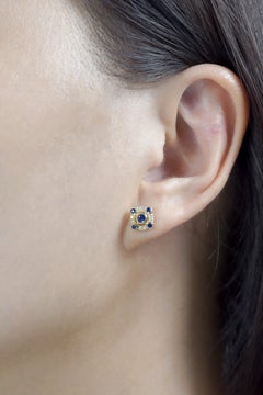 Sapphire Diamond Geometric Stud Earrings Art Deco Style in 9K Yellow Gold