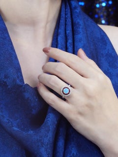 Opal Ruby Diamond Double Halo Ring in 14K White Gold