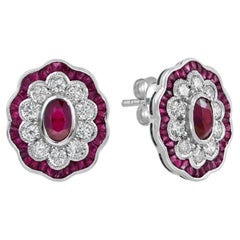 Ruby Diamond Floral Cluster Stud Earrings in 18K White Gold