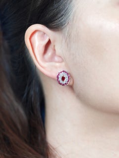 Ruby Diamond Floral Cluster Stud Earrings in 18K White Gold