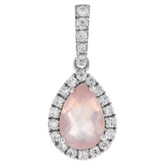 Rose Quartz Diamond Halo Pendant in 9K White Gold