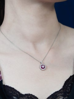 Diamond Ruby Double Halo Round Pendant in 18K White Gold