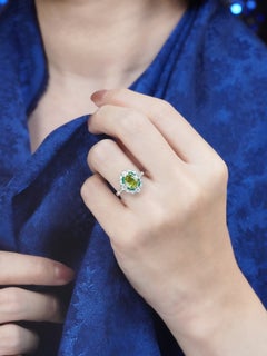Peridot Diamond Emerald Halo Engagement Ring in 14K White Gold
