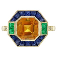 Citrine Emerald Sapphire Diamond Halo Engagement Ring in 14K Yellow Gold