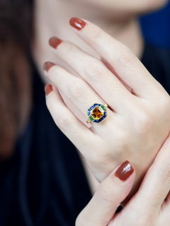 Citrine Emerald Sapphire Diamond Halo Engagement Ring in 14K Yellow Gold