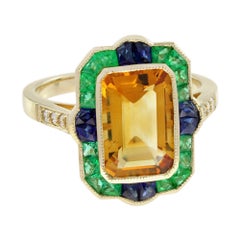 Citrine Emerald Sapphire Art Deco Statement Ring in 18K Yellow Gold