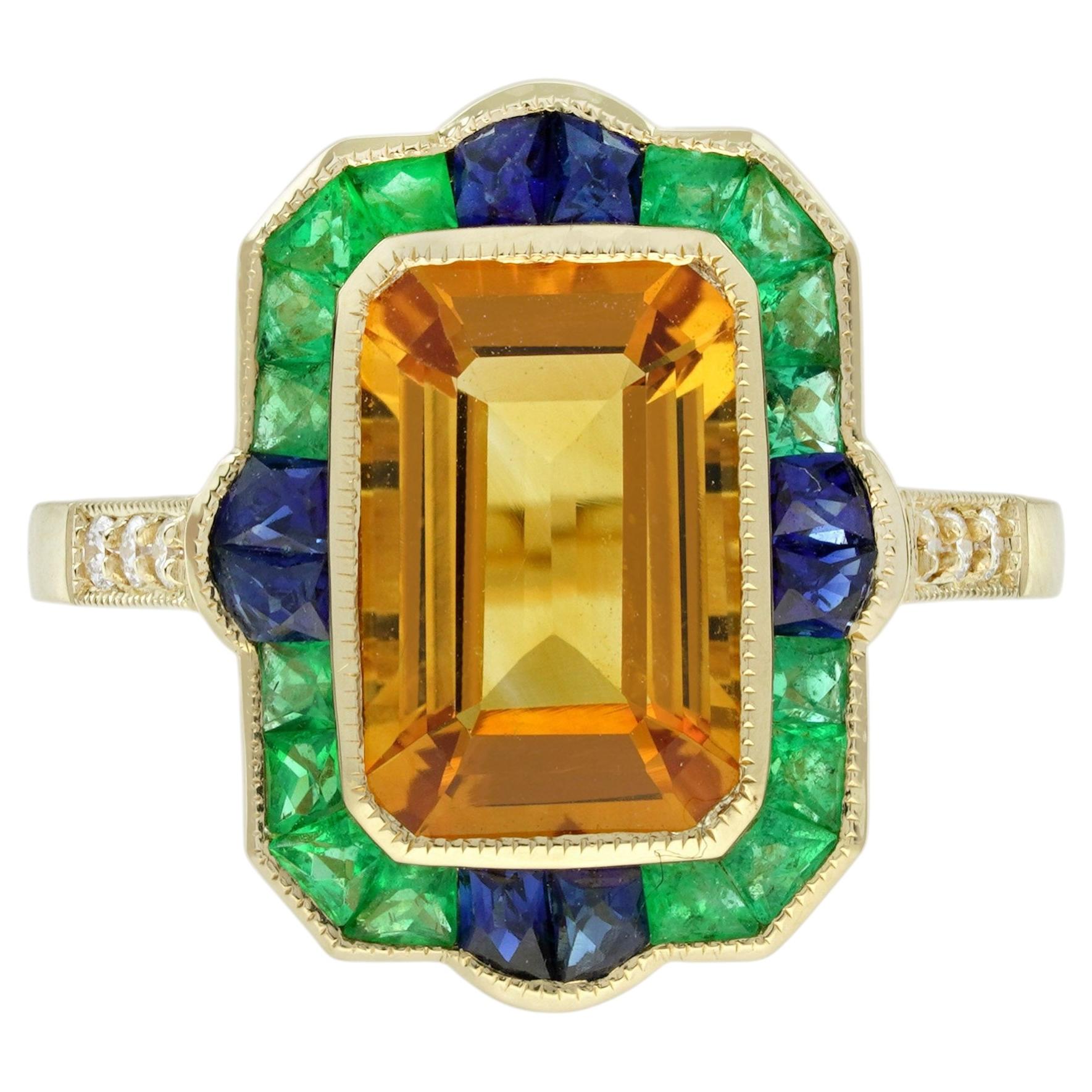 Bague Art déco imposante en or jaune 18 carats, sertie de citrine, d'émeraude et de saphir en vente