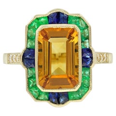 Citrine Emerald Sapphire Art Deco Statement Ring in 18K Yellow Gold