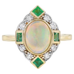 Opal Emerald Diamond Halo Art Deco Style Engagement Ring in 14K Yellow Gold