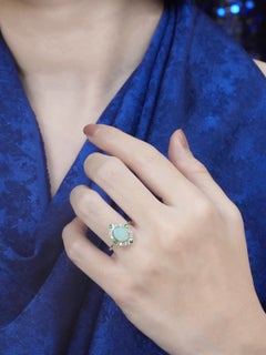 Opal Emerald Diamond Halo Art Deco Style Engagement Ring in 14K Yellow Gold