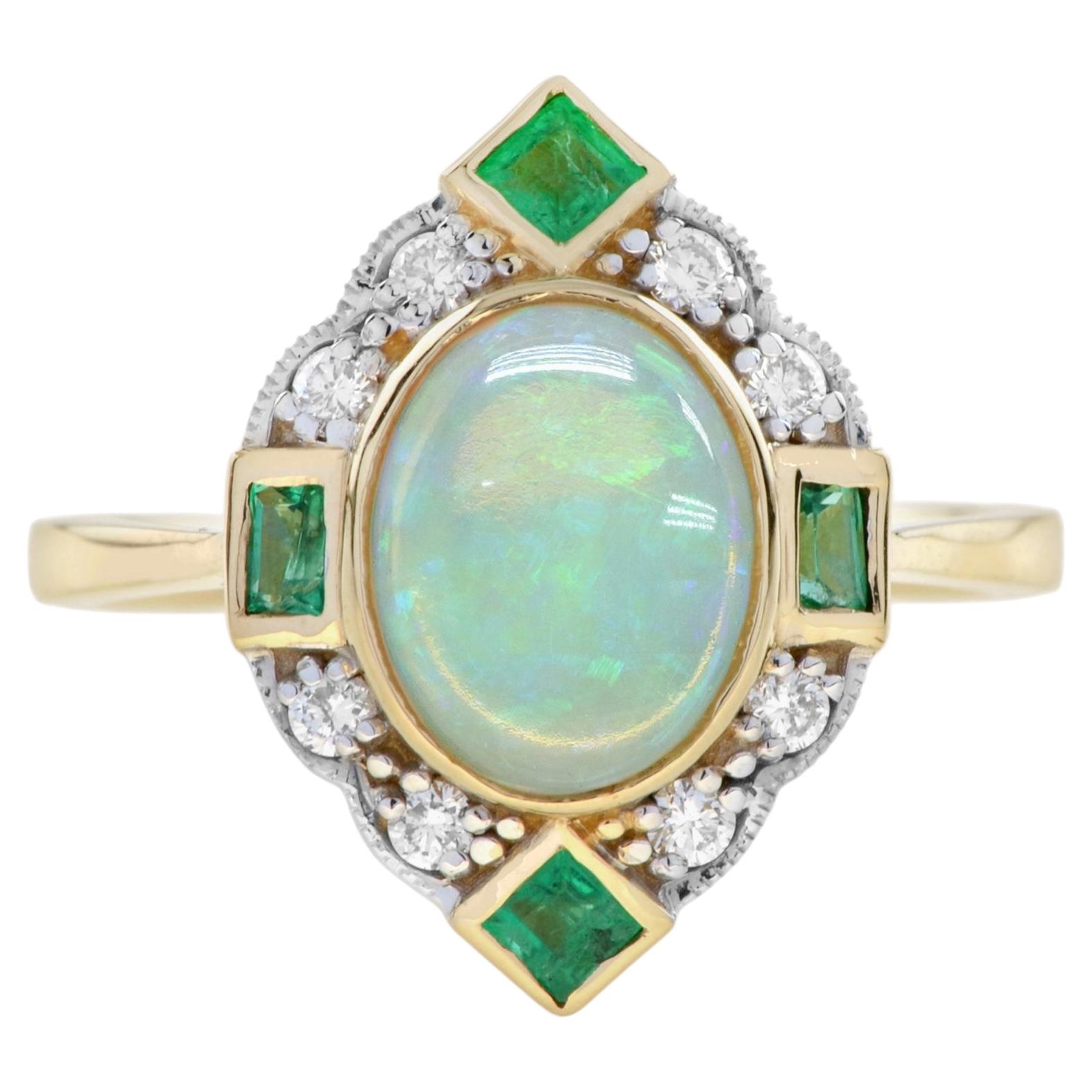 Opal Emerald Diamond Halo Art Deco Style Engagement Ring in 14K Yellow Gold For Sale