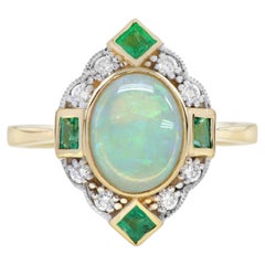 Opal Emerald Diamond Halo Art Deco Style Engagement Ring in 14K Yellow Gold