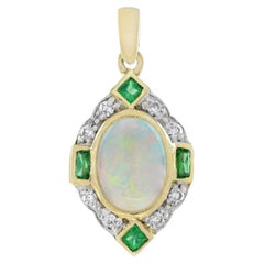 Opal Emerald Diamond Art Deco Pendant in 14K Yellow Gold