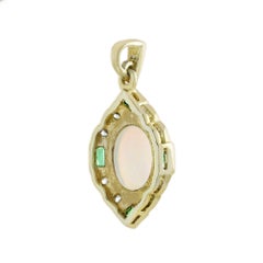 Opal Emerald Diamond Art Deco Pendant in 14K Yellow Gold