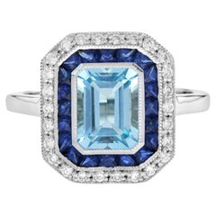 Blue Topaz Sapphire Diamond Art Deco Style  Engagement Ring in 18K White Gold