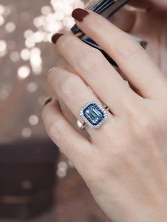 Blue Topaz Sapphire Diamond Art Deco Style  Engagement Ring in 18K White Gold